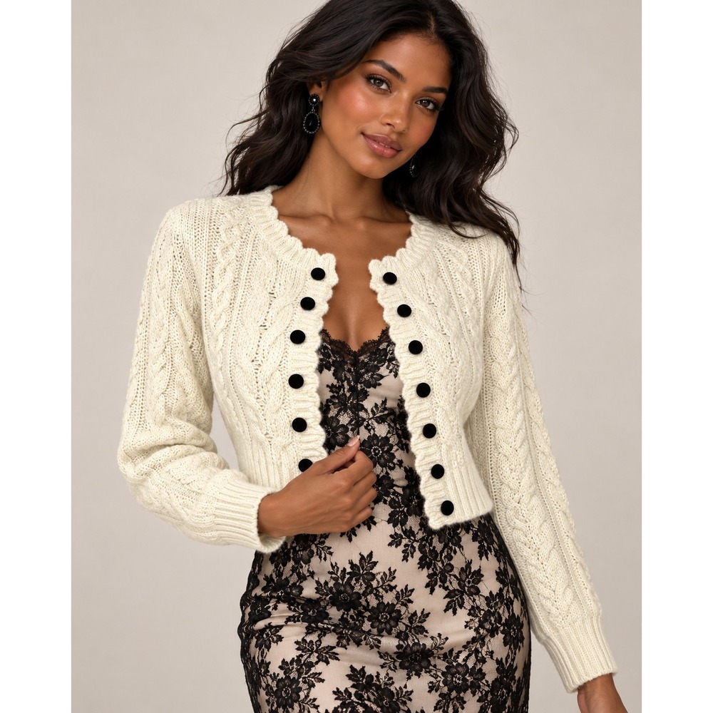 Vintage Y2K Bebe Angora Wool Cable Knit Cropped Cardigan Cream Black Buttons XS